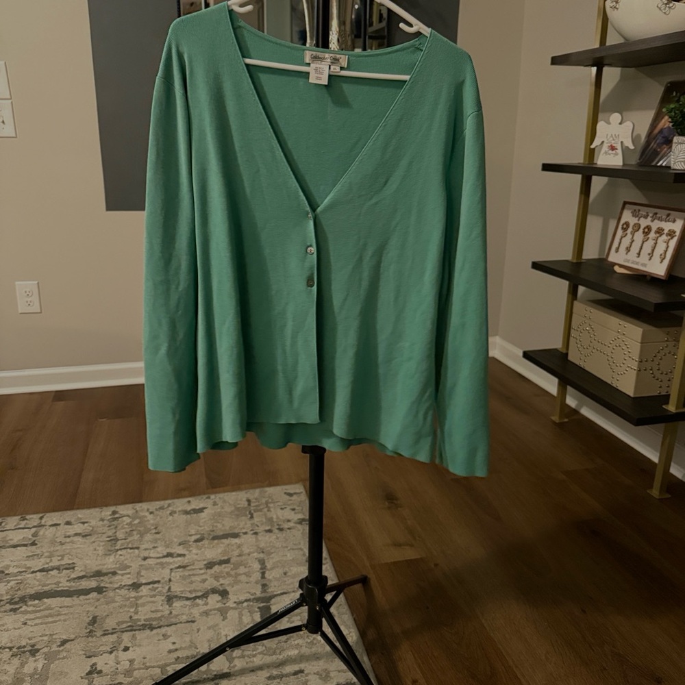 ColdWater Creek Green V-Neck Button-Up Women's Top